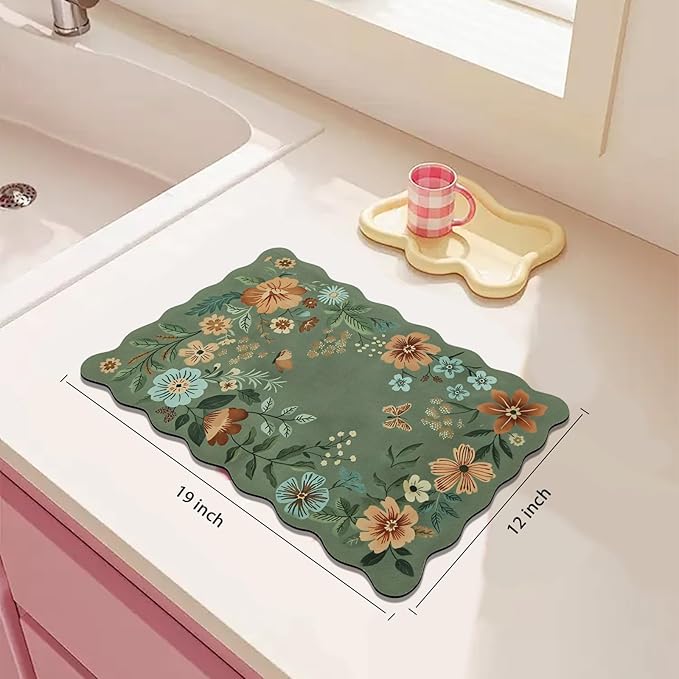 Scalloped Bohemian Boho Floral Flower Coffee Bar Mat Dish Drying Mats for Kitchen Counter, Kitchen Decor, (12"x19", Green 1)