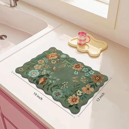 Scalloped Bohemian Boho Floral Flower Coffee Bar Mat Dish Drying Mats for Kitchen Counter, Kitchen Decor, (12"x19", Green 1)