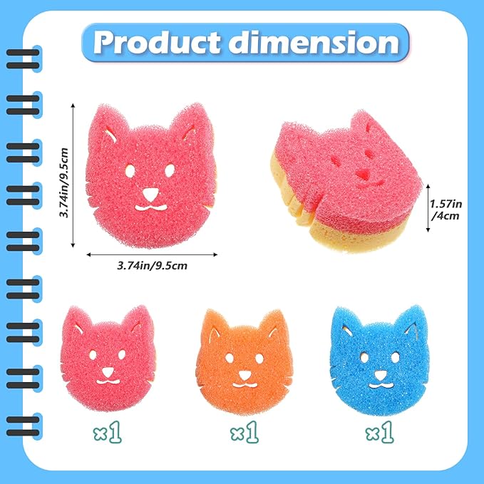 3 Pcs Cat Scrub Sponge Dual Sided Multi Functional Cute Dish Scrubber Non Scratch Cleaning Pads Temperature Sensitive Sponge for Washing Dishes Kitchen Household Bathroom