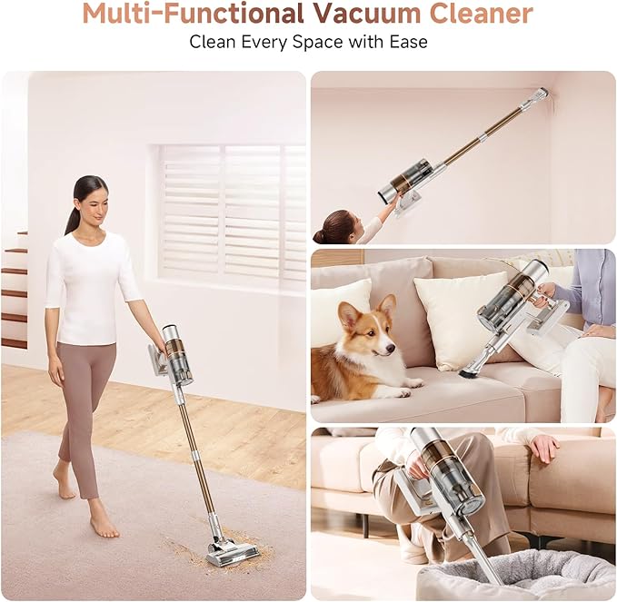 Cordless Vacuum Cleaner - 40KPA Powerful Suction Cordless Stick Vacuum Cleaners for Home, Anti-Tangle Brush, Lightweight, 6-in-1 Rechargeable Vacuum for Pet Hair/Carpet/Hard Floor(Off-White)
