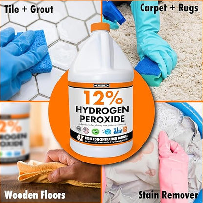 Hydrogen Peroxide 12 Percent Food Grade, 4X Power Concentrated Solution, Versatile Uses Include Topical Care, Home, Kitchen, Bath Cleaner, Laundry, Whitening, 8 Gallons