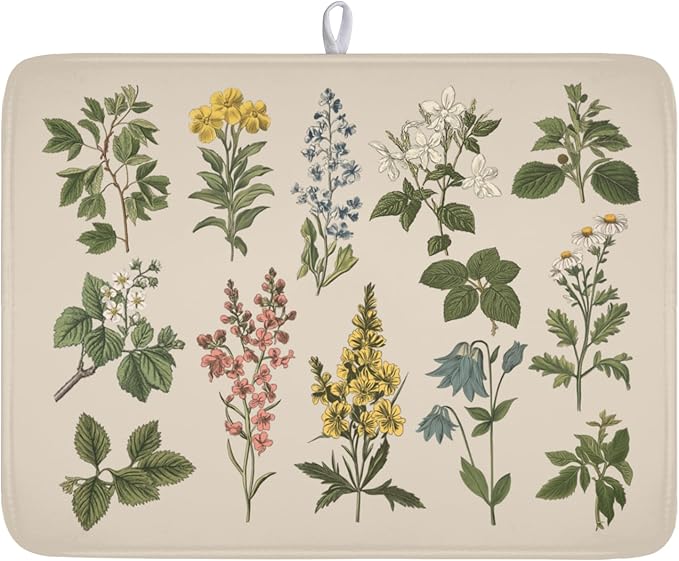 Vintage Plants Herbs Floral Dish Drying Mat for Kitchen Counter Retro Leaf Drying Mat 18x24 Inch Rustic Farmhouse Absorbent Dish Drainer Mat Kitchen Accessories