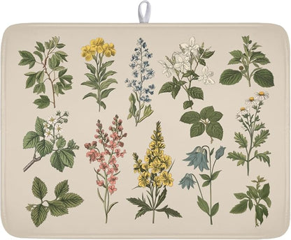 Vintage Plants Herbs Floral Dish Drying Mat for Kitchen Counter Retro Leaf Drying Mat 18x24 Inch Rustic Farmhouse Absorbent Dish Drainer Mat Kitchen Accessories