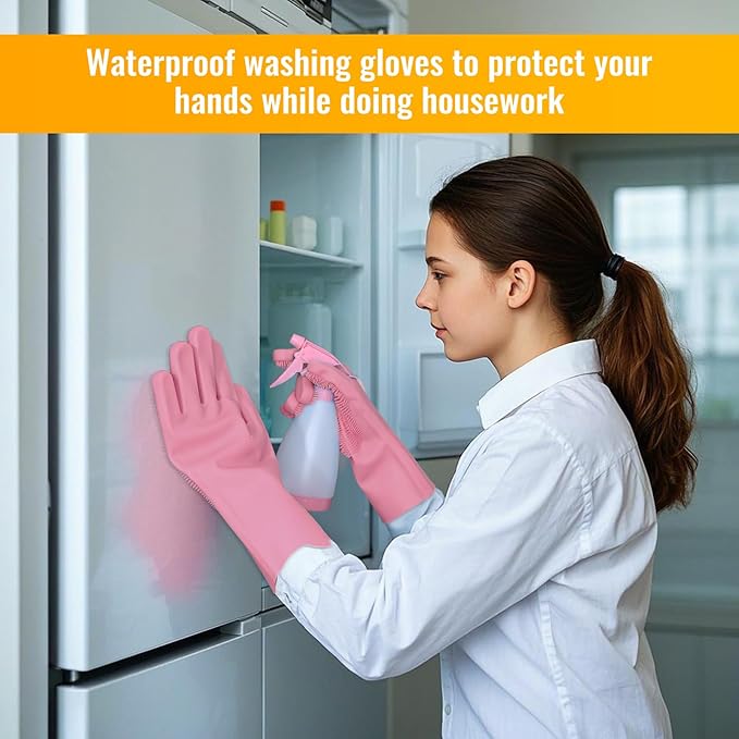 Silicone Dishwashing Gloves, Kitchen Gloves for Washing Dishes Reusable Waterproof Dishwashing with Cleaning Brush