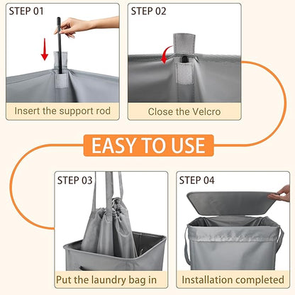 Foldable Laundry Hamper with Lid & Laundry Bag with Drawstring,Portable Laundry Basket with Easy Carry Handles,Clothes Hamper Space Saving Organizer for Bathroom,Bedroom,College Dorm,RV,Grey