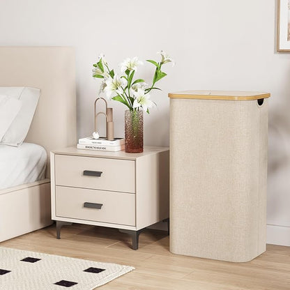 Lifewit 110L Laundry Basket with Lid, Clothes Hampers for Laundry with Bamboo Handles and 1 Removable Bag, Large Foldable Laundry Hamper for Bedroom, Bathroom, Dorm, Laundry Room, Beige