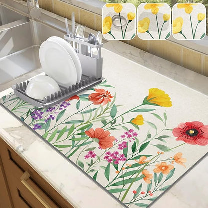 LOKHOM Dish Drying Mat for Kitchen Counter, 18"x24" Absorbent Coffee Bar Mat with Spring Floral, Dish Drainer Rack Mat for Kitchen Counter