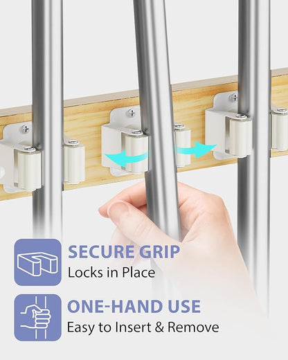 FANGSUN Broom Holder Door Mount Hanging, Over The Door Broom and Mop Organizer with 4 Slots and 4 Hooks, Wooden Tool Rack Storage Hanger for Laundry, Closet, Garage, No Drills