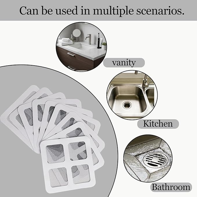 50Pcs Disposable Shower Drain Hair Catcher, Prevents Hair Clogs, 4x4 Inch Mesh Drain Covers & Disposable Drain Stickers - for Bathroom, Sink, Bathtub & Laundry