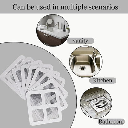 50Pcs Disposable Shower Drain Hair Catcher, Prevents Hair Clogs, 4x4 Inch Mesh Drain Covers & Disposable Drain Stickers - for Bathroom, Sink, Bathtub & Laundry