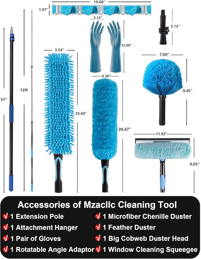 20 Foot High Reach Ceiling Fan Duster with 5-12ft Heavy Duty Extension Pole, Microfiber Feather, Cobweb Duster, Window Squeegee Kit, Cleaning Gloves
