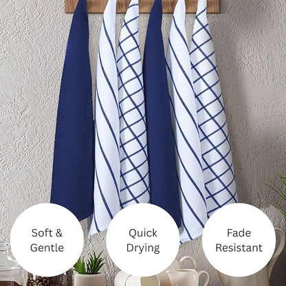 Assorted Waffle Kitchen Towels 100% Cotton Set of 6 - Heavy Duty 320 GSM Quality Dish Cloths Towel - Soft Absorbent Washable for Kitchen Use - Quick Drying Dish Towel 16x26 inch Blue