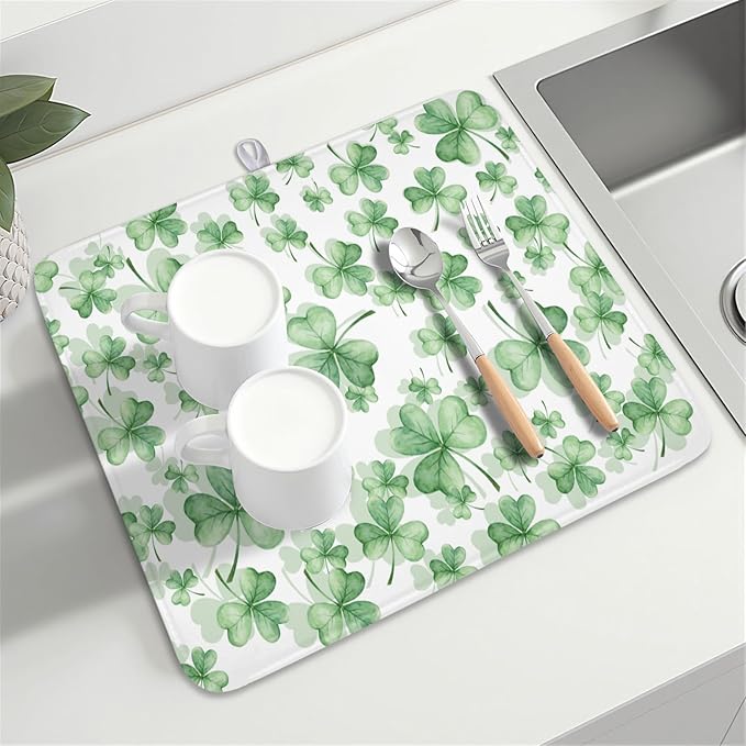 St Patrick's Day Dish Drying Mat for Kitchen Counter,Green Lucky Charm Shamrocks Drying Mat 16 x 18 Inch with High Absorbent Microfiber Drainer Mat for Coffee Bar