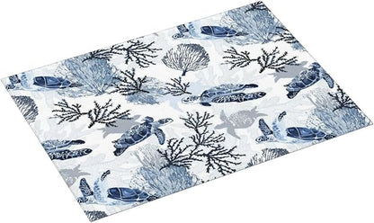 Navy Blue White Sea Turtle & Coral Dish Drying Mats for Kitchen Counter & Sink, Absorbent Microfiber Drying Pad for Dishes, Foldable Nautical Kitchen Mat for Dining Area & Home Decor, 18" x 24"