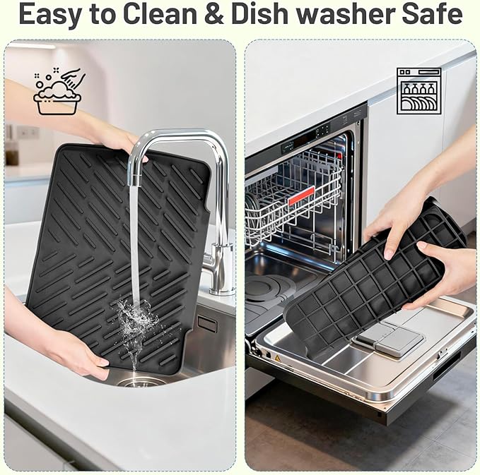 Silicone Dish Drying Mat for Kitchen Counter Essentials with Wider Drain Spout, Non-Slip Heat Resistant Dish Drying Pad with Hanging Hole for Sink RV Camper Travel Multipurpose Drainer Mat Black