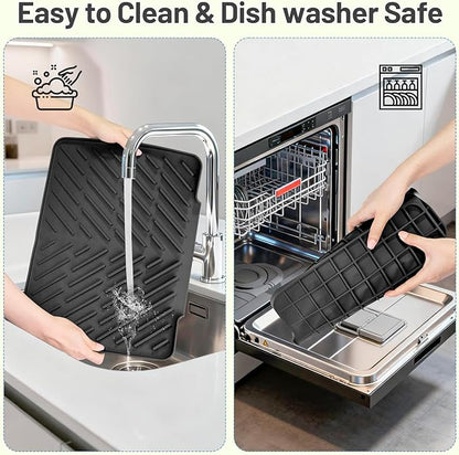 Silicone Dish Drying Mat for Kitchen Counter Essentials with Wider Drain Spout, Non-Slip Heat Resistant Dish Drying Pad with Hanging Hole for Sink RV Camper Travel Multipurpose Drainer Mat Black