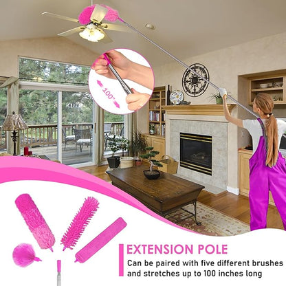 ThinkLearn Microfiber Dusters for Cleaning,14PCS Feather Dusters with Extension Pole,Bendable Washable and Extendable Duster for High Ceilings, Fans and Blinds House Cleaning Kit Pink Gift for Women