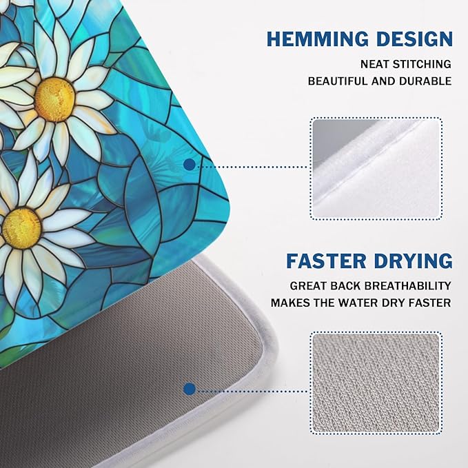 Daisy Drying Mat 24x18 Inch, Summer Spring Drying Mat with Absorbent Reversible Microfiber, Rustic Flowers Dish Drainer Mats Floral Rack Pad for Coffee Countertop Kitchen Protector
