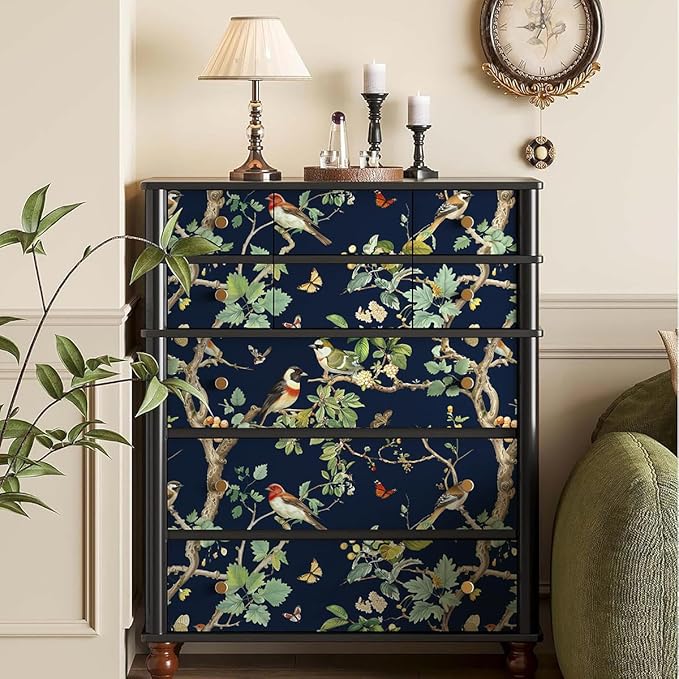 Nukofal Dark Bird Peel and Stick Wallpaper Vintage Floral Contact Paper 16.9inch x 393.7inch Dark Floral Wallpaper Peel and Stick Boho Self Adhesive Removable Wall Paper for Cabinets Bathroom Decor