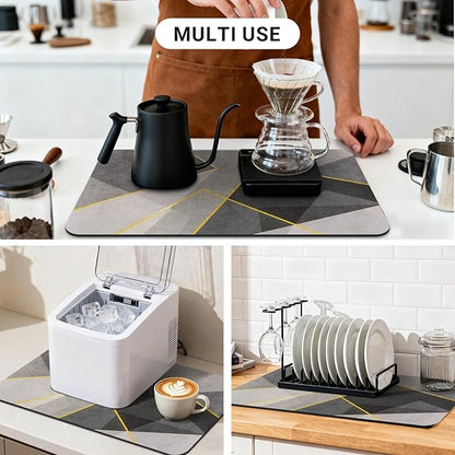 Coffee Mat 20x12 Inch, Gray Geometric Coffee Splash Mat, Absorbent Hide Stain Rubber Backed Dish Drying Mat for Kitchen Counter, Mat for Countertops, Under Coffee Bar Maker Machine Pot Espresso Staion