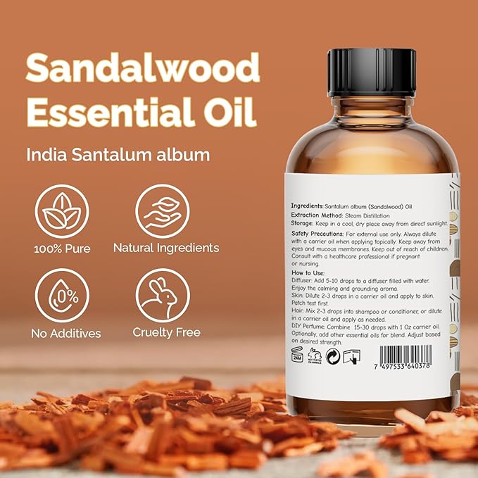 GM Gumili Sandalwood Essential Oil 4 Oz, 100% Pure Sandalwood Oil for Diffuser, Skin, Hair, Body & Face, Perfume Base Note for Men & Women, Aromatherapy & Massage