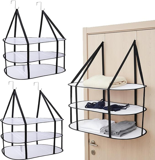 CINPIUK 2 Pcs 3-Tier Sweater Drying Rack Over The Door, Foldable Mesh Hanging Dryer Flat with Hooks, Large Breathable Laundry Drying Hanger, Clothes Lay Flat Dryer for Apartments Dorms Bathrooms