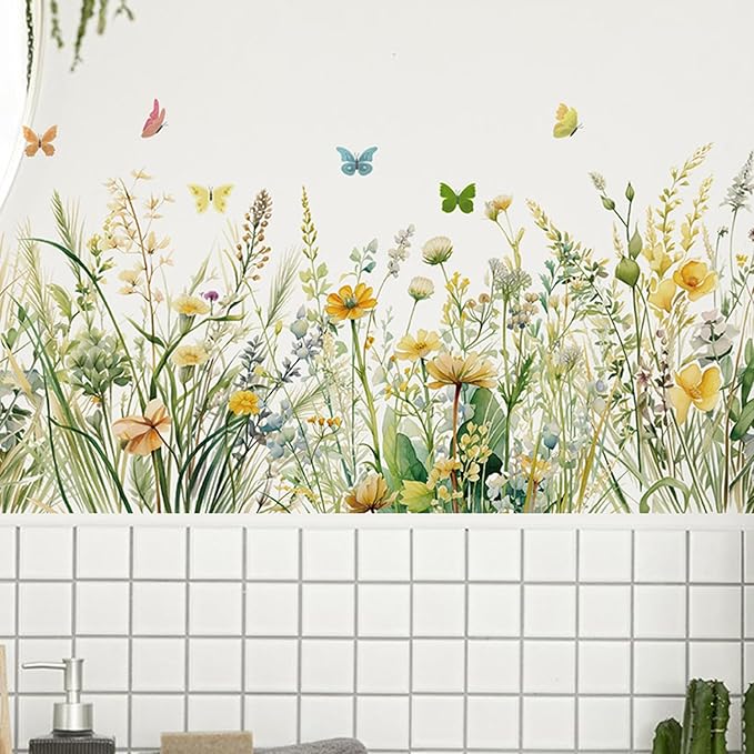 Flowers Wall Decals Room Decor Flower Wall Stickers, Wildflower Dandelion Grass Wall Art Murals, 3D Flower Pattern Self-Adhesive Wall Stickers for Girls Bedroom Living Room Nursery Decor