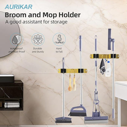 Broom Holder Wall Mount, 2-Pack Stainless Steel Mop and Broom Organizer, Broom Hanger with 2 Slots 2 Hooks for Home Kitchen, Garage, Garden and Laundry Room, Gold