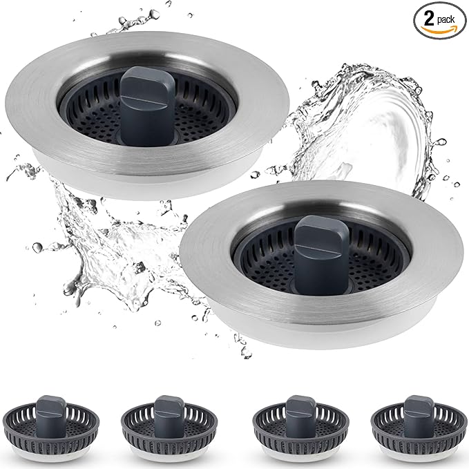 Universal 2 Pack Kitchen Sink Strainer with Drain Stopper Set, Stainless Steel Pop Up Kitchen Sink Stopper, Equipped with 4 Basket Strainers, Dishwasher Safe, Fits 3-1/2'' Drain