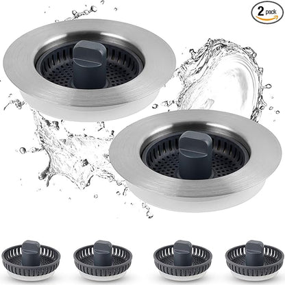 Universal 2 Pack Kitchen Sink Strainer with Drain Stopper Set, Stainless Steel Pop Up Kitchen Sink Stopper, Equipped with 4 Basket Strainers, Dishwasher Safe, Fits 3-1/2'' Drain