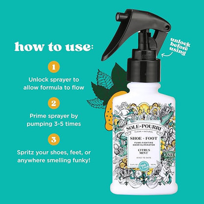 Sole-Pourri Shoe Deodorizer + Foot Spray,3.4 Fl Oz,Up to 150 Uses,Funk-Fighting Odor Freshener with Essential Oils,for Smelly Shoes,Feet & Gym Bags,Citrus & Mint Scent,(Pack of 2)