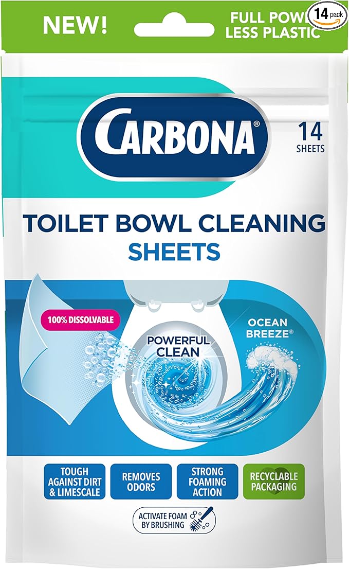 Carbona Toilet Bowl Sheets | Ocean Breeze Scent | Powerful Toilet Bowl Cleaner | 14 Sheets | Less Plastic Waste