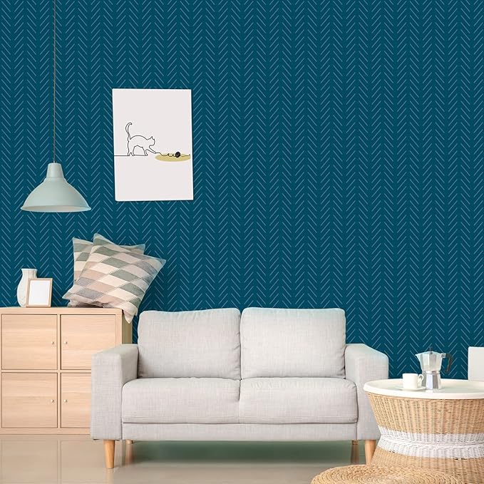 Erfoni Blue and White Peel and Stick Wallpaper Modern Herringbone Contact Paper for Bathroom 17.7in x 236.2in Geometric Removable Wallpaper Peel and Stick Line Self-Adhesive Contact Paper
