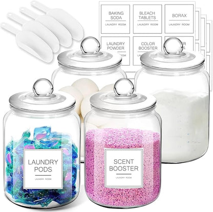 FyndraX Half Gallon Glass Jars - Large Airtight Containers with Scoop and Labels for Organization and Storage Laundry, Bath Room, Kitchen and Pantry Holder, Set of 4