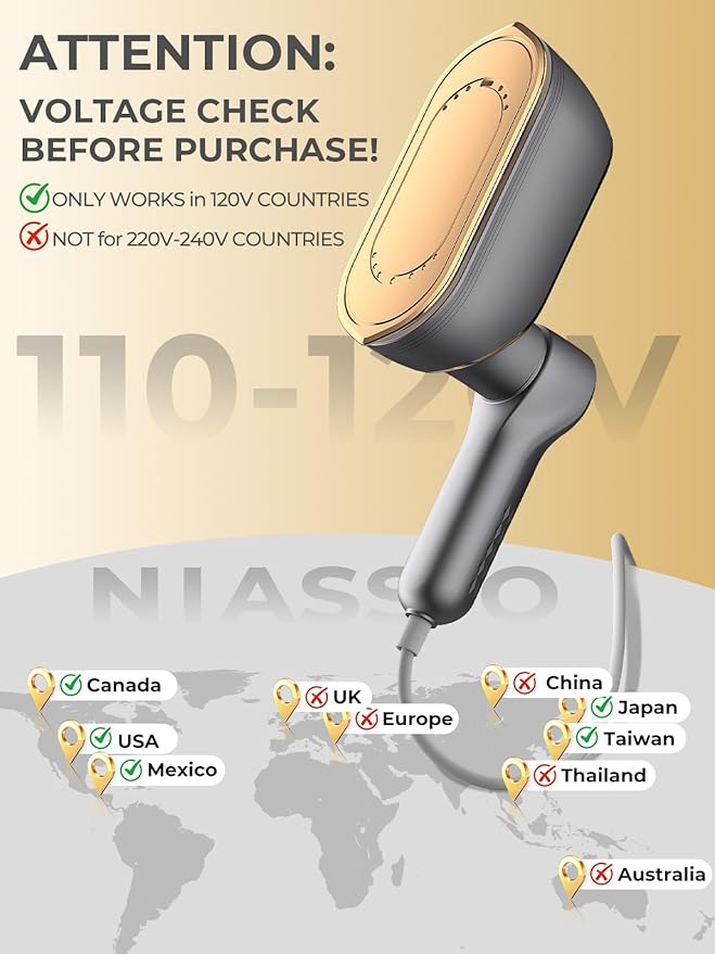 Portable Travel Steamer, 1200W Handheld Fabric Steamer for Clothes, 4Modes with LCD Display, Powerful Wrinkle Remover for Home & Travel, 150ml Water Tank 10S Fast Heat-Up, 180°Swivel Handle, Grey Gold