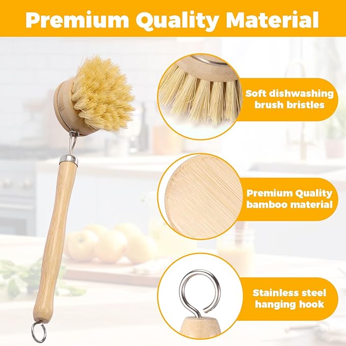 10 Pcs Bamboo Dish Brush Set, Wooden Dish Brush with Long Handle Cup Brush, Short Handle Sisal & Coarse Brushes, Square Rack Tray, Natural Bamboo Bottle Brush for Pots, Pans,Vegetables