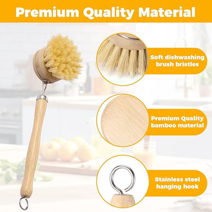 10 Pcs Bamboo Dish Brush Set, Wooden Dish Brush with Long Handle Cup Brush, Short Handle Sisal & Coarse Brushes, Square Rack Tray, Natural Bamboo Bottle Brush for Pots, Pans,Vegetables