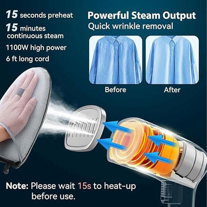 Asixxsix Steamer for Clothes, 1100W 280ml 15 Minutes Continuous Steaming, Handheld Steamer for Garment Offers Wet Dry Ironing, Portable Steaming Machine Garment for Home Travel (US Plug)