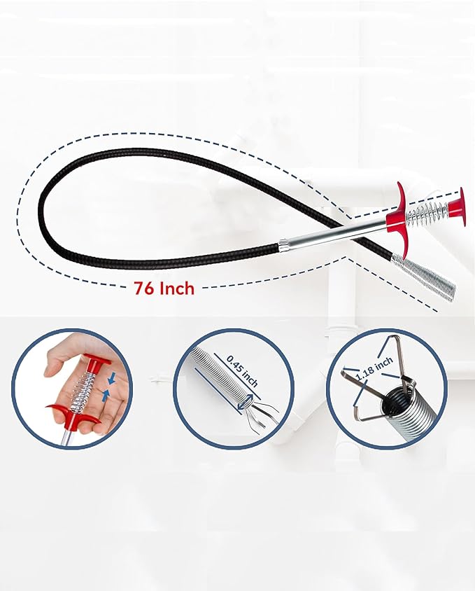 76Inch Drain Snake with 4 Claws, Flexible Hair Drain Clog Remover Tool, Plumbing Snake Drain Auger for Sink, Shower, Toilet, Bathtub, Drain Grabber Tool for Pipe Unclogging