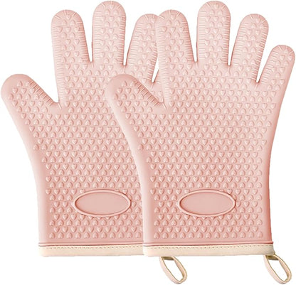 Silicone Oven Gloves with Fingers, High Temperature 450F Heat Resistant Oven Mitts Waterproof & Non-Slip Good Grip BBQ Grilling Gloves for Kitchen Cooking, Baking, Welding (Pink) ﻿