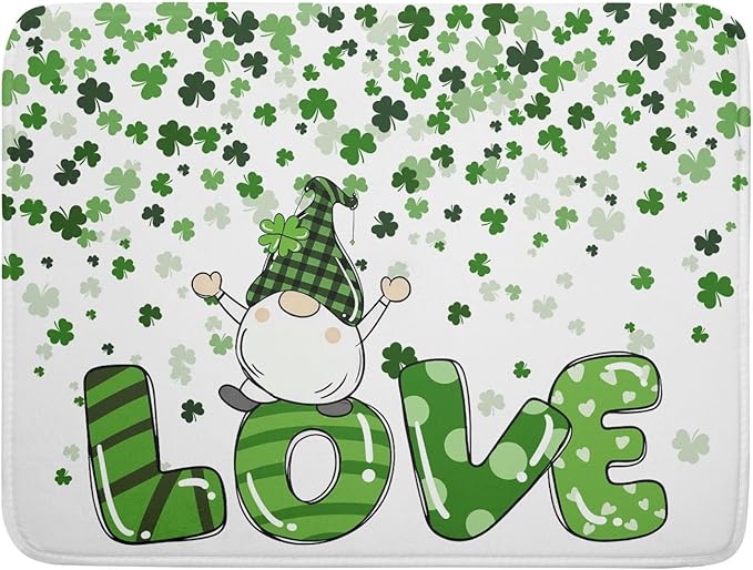 St Patrick's Day Gnomes Love Dish Drying Mat for Kitchen Counter,Green Shamrock Clovers Drying Mat 18 x 24 Inch with High Absorbent Microfiber Drainer Mat for Coffee Bar