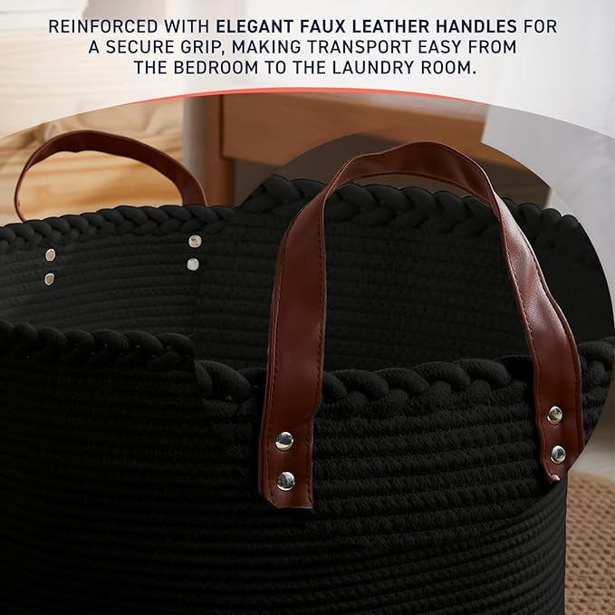 XLarge Round Cotton Rope Storage Basket Bin Organizer Laundry Hamper with Leather Handles, 21 x 21 x 14, Extra Large Blanket Woven Basket for Nursery - Black