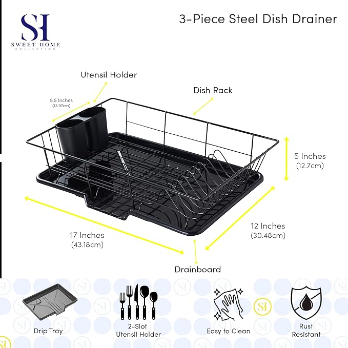 3-Piece Dish Drying Rack Set – Compact Dish Drainer with Removable Utensil Holder & Drainboard for Kitchen Sink or Countertop – Rust-Resistant, Space-Saving Dish Rack for Small Spaces, Apartments, RVs