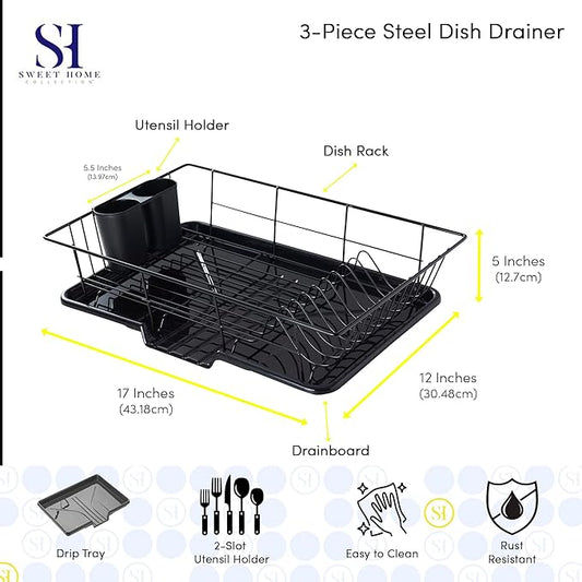 3-Piece Dish Drying Rack Set – Compact Dish Drainer with Removable Utensil Holder & Drainboard for Kitchen Sink or Countertop – Rust-Resistant, Space-Saving Dish Rack for Small Spaces, Apartments, RVs