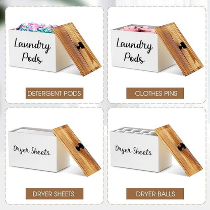Dandat 2 Pcs Wood Rustic Laundry Dryer Sheet Holder Pod Container with Lid 8.7 x 6.3 x 6.4 Inch Laundry Pod Holder 7.3 x 3.7 x 5 Inch Dryer Sheet Dispenser Wooden Box Container(White)