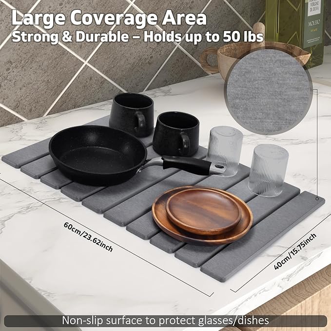 Large Stone Dish Drying Mats for Kitchen Counter, 24"(L)×16"(W), Drying Collapsible Dish Drying Mat, Eco-Friendly Absorbent Diatomaceous Earth Mats for Dishes Bottles Cups - Dark Grey