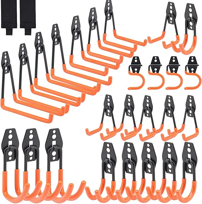 26 Pack Heavy Duty Garage Hooks with 2 Extension Straps, Triple Welded Wall Mount Utility Hangers, 100 Lbs Capacity Utility Hook Tool Organizer for Garage Makeover, Garden, Shed, Hose