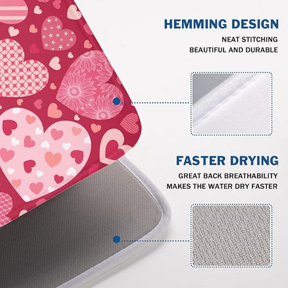Valentine's Day Dish Drying Mat 18 x 24 Inch Heart Shaped Pattern Dish Drying Pad Absorbent Microfiber Mats for Red Dish Rack Pad for Kitchen Counter Coffee Bar Decor