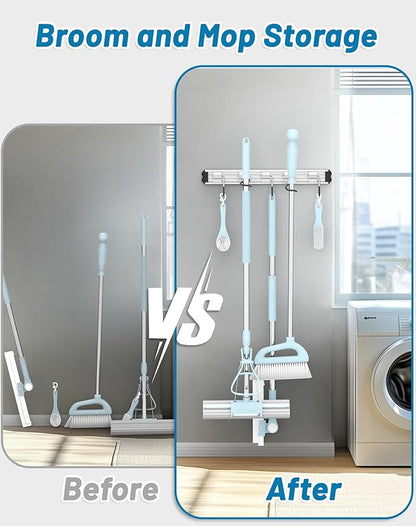 Mop and Broom Holder Wall Mount Garden Tool Rack Organizer, Modern Style,Movable Aluminum Alloy Wall Mounted Hook 2 Pack,Storage Gift for Bathroom,Closet,Laundry Room,Garage,Tool Room(Black)
