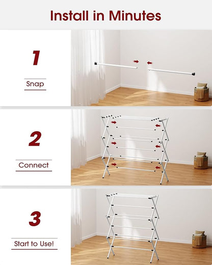 Foldable Clothes Drying Rack – Metal Laundry Drying Rack with Non-Slip Feet, 3-Tier Space-Saving Clothing Rack for Organization, Indoor & Outdoor Use, 11.4"D x 29.1"W x 37.4"H, White and Black